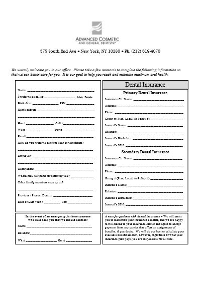 Dentist New York City Patient History Form Preview Image