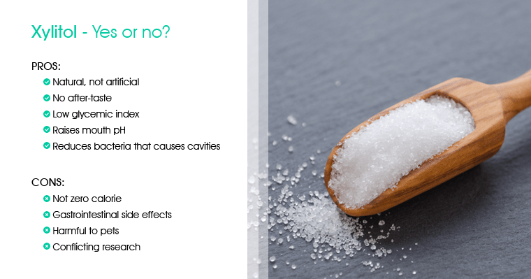 Scoop of xylitol with a table of pros and cons